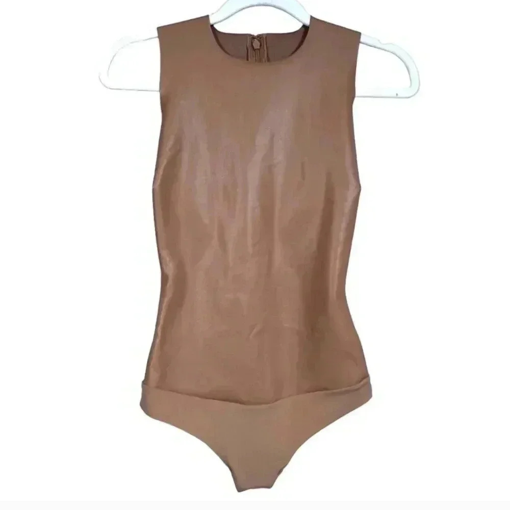 SKIMS Faux Leather Brown (Jasper) Crew Neck Bodysuit Size XL NWT - Picture 15 of 15